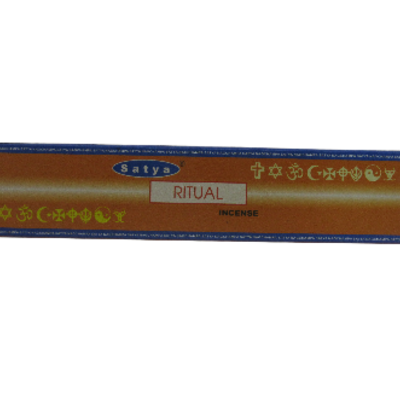 Caixa de incenso Satya Ritual Incense com design laranja e azul