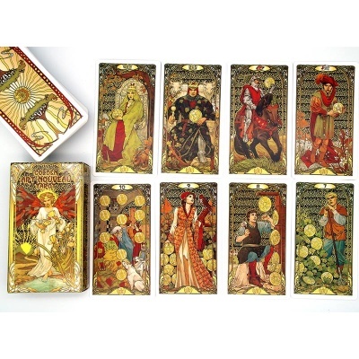 Cartas de tarot art nouveau com figuras humanas e moedas