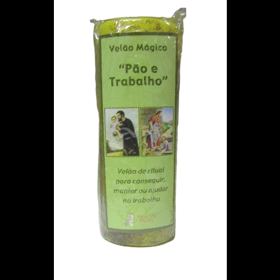 Vela verde com rótulo de ritual para trabalho