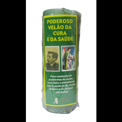 Vela verde com rótulo e texto em português