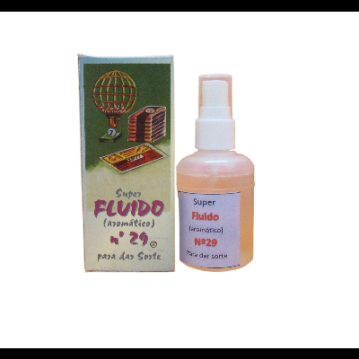 Frasco branco com spray e caixa do Super Fluído nº 29 para dar sorte