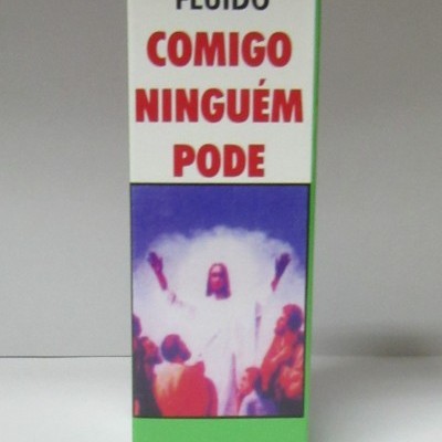 Caixa de fluido com texto em português e imagem religiosa