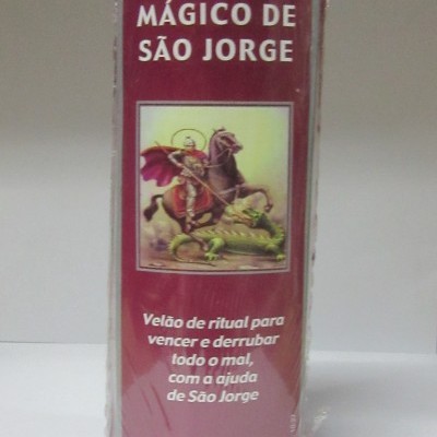 Vela mágica de São Jorge com rótulo vermelho e imagem de São Jorge a cavalo