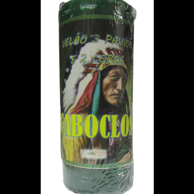 Vela verde com etiqueta de homem indígena e texto VELÃO 3 PAVIOS E 2 CORES CABOCLO