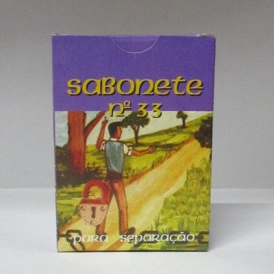 Caixa roxa de sabonete nº 33 com ilustração e texto para separação