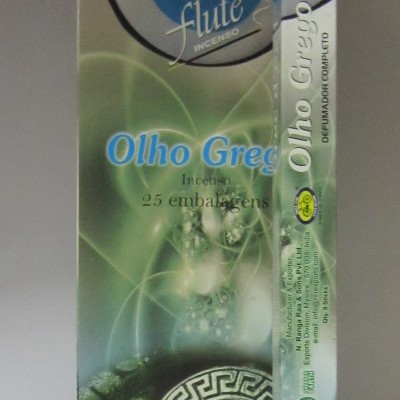 Embalagem de incenso Olho Grego com símbolos e texto em verde e azul