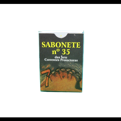 Pacote de sabonete com imagem de centopeia e texto amarelo