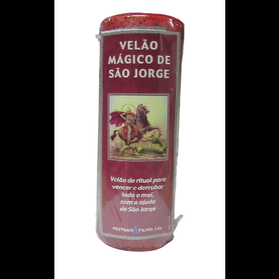 Vela vermelha de ritual com imagem e texto de São Jorge na embalagem