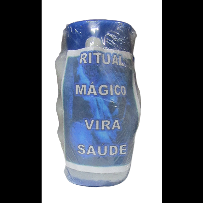Vela azul com texto Ritual Mágico Vira Saúde