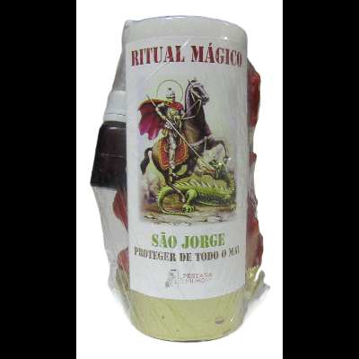 Vela branca com etiqueta de São Jorge e texto ritual mágico