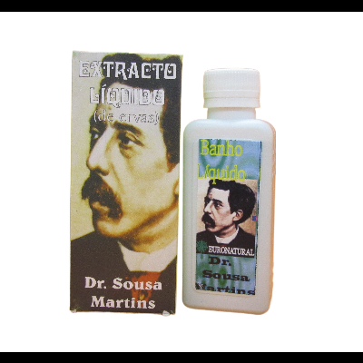 Frasco branco com tampa branca e embalagem com rótulo mostrando retrato de homem e texto EXTRACTO liquido e Dr. Sousa Martins