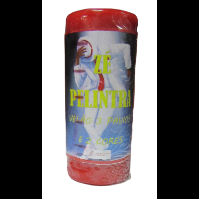 Rolo vermelho com etiqueta 'ZÉ PELINTRA VELÃO 3 PAVIOS e 2 CORES' embalado em plástico transparente