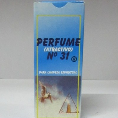 Embalagem azul de perfume nº 31 para limpeza espiritual com imagem de pássaro e símbolo triangular