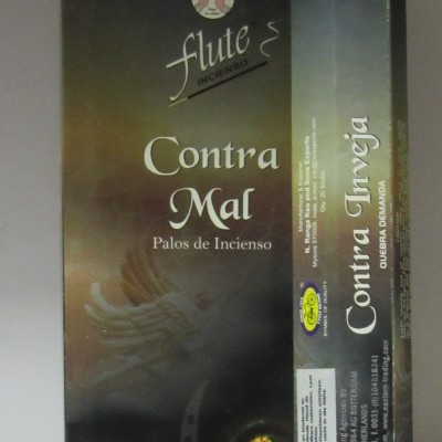 Embalagem de incenso Flute Contra Mal com olhos amarelos e texto em várias línguas