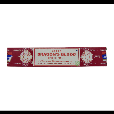 Caixa de incenso Satya Dragon's Blood vermelha com texto branco e vermelho.