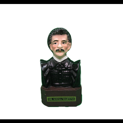 Busto decorativo de homem com bigode em cerâmica ou resina preta com placa DR. SOUSA MARTINS
