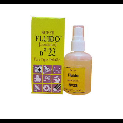Frasco de spray branco e caixa amarela com texto SUPER FLUIDO nº 23.