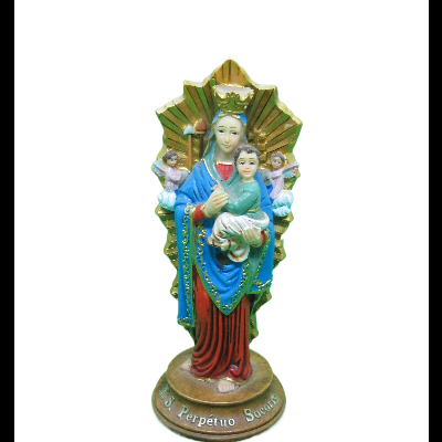Figura religiosa Nossa Senhora do Perpétuo Socorro colorida com coroa e manto azul