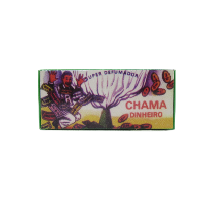 Embalagem colorida com figura humana, árvore e moedas, texto SUPER DEFUMADOR e CHAMA DINHEIRO.