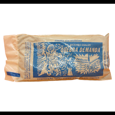 Pacote de incenso Quebra Demanda com texto e imagem em azul sobre fundo laranja