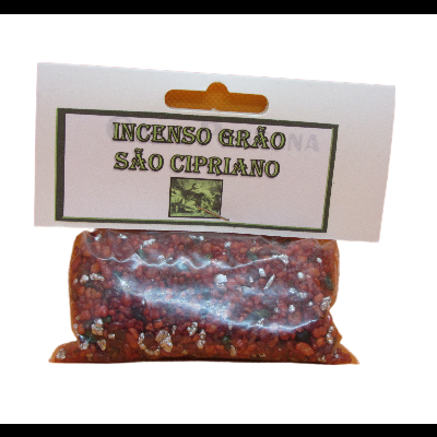 Pacote de grãos vermelhos de incenso São Cipriano com rótulo branco e texto em dourado
