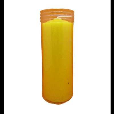 Vela amarela em recipiente plástico alaranjado