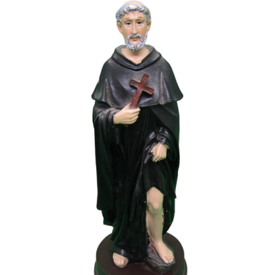 Estátua religiosa de São Peregrino com hábito preto e cruz castanha