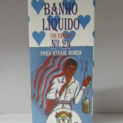 Embalagem de banho líquido de ervas para atrair homem com corações azuis e ilustração de homem