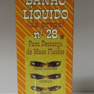 Embalagem laranja de banho líquido n.º 28 com texto e imagens de olhos