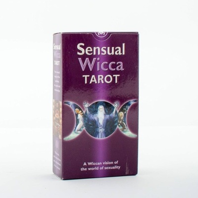 Caixa roxa do baralho Sensual Wicca TAROT com símbolos da lua e figura mística