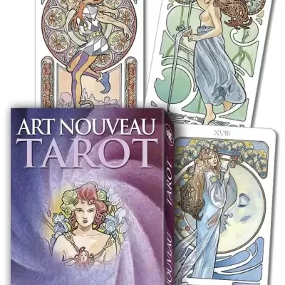 Caixa roxa Art Nouveau Tarot com três cartas decoradas estilo Art Nouveau