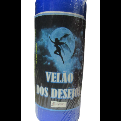 Vela azul com etiqueta preta e texto VELÃO DOS DESEJOS