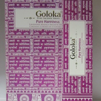 Pack roxo de incenso Goloka Pure Happiness Lavender Masala com texto em inglês e escrita indiana.