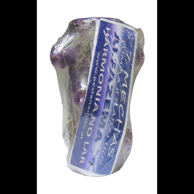 Saco transparente com pedras roxas e etiqueta azul com texto