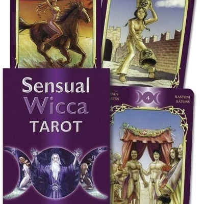 Cartas de tarot Sensual Wicca com ilustrações coloridas e caixa roxa