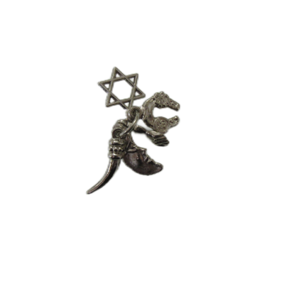 Broche metálico de dinossauro com estrela de seis pontas, fundo preto