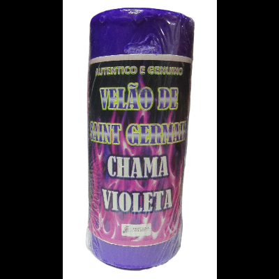 Vela roxa cilíndrica 'Velão de Saint Germain Chama Violeta' com embalagem plástica