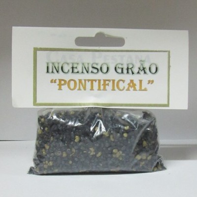 Pacote de incenso em grão 'PONTIFICAL' com embalagem plástica transparente e etiqueta branca.