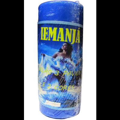 Vela azul embalada com rótulo azul e texto amarelo IEMANJÁ