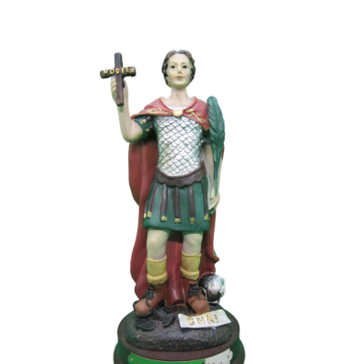 Estátua colorida de São Expedito com armadura e capa vermelha