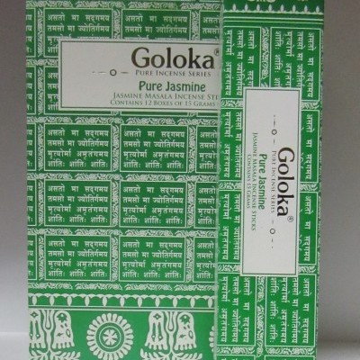 Embala verde e branca de incenso Goloka Pure Jasmine com texto em inglês e símbolos tradicionais.