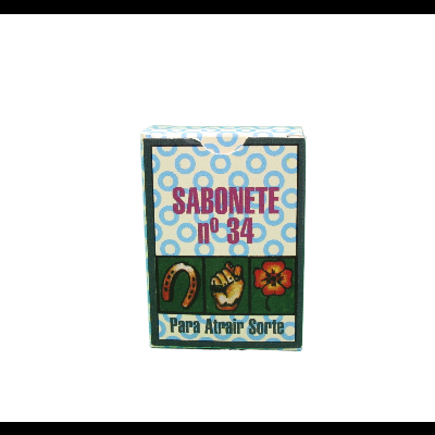 Embalagem de sabonete número 34 com texto e imagens coloridas para atrair sorte