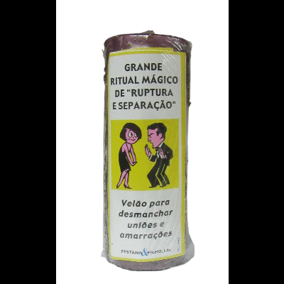 Vela roxa com rótulo de ritual mágico para ruptura e separação