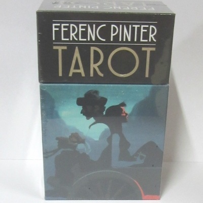 Caixa de baralho de tarot Ferenc Pinter com design em azul e preto