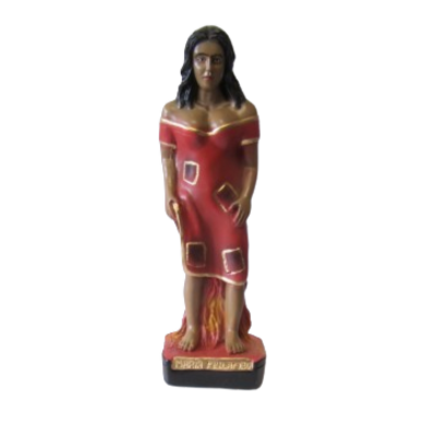 Estátua feminina em vestido vermelho com detalhes dourados