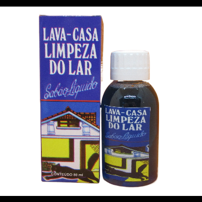 Frasco pequeno de líquido de limpeza com embalagem azul e branca mostrando casa e texto em português.