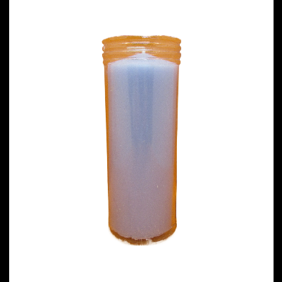 Vela branca em recipiente cilíndrico laranja