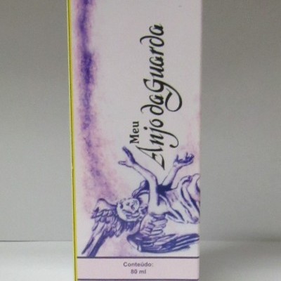 Embalagem do produto 'Fluido Meu Anjo da Guarda' com ilustração de anjo e texto em roxo e preto