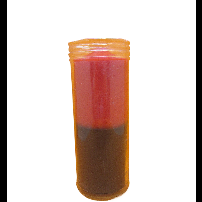 Frasco cilíndrico transparente com tampa laranja contendo objeto vermelho