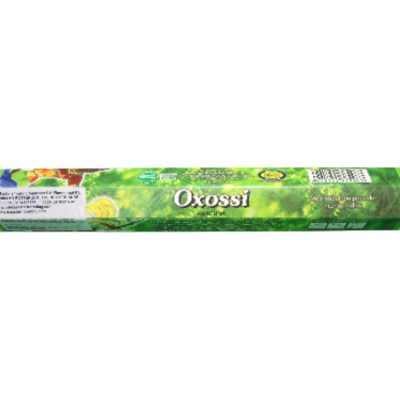 caixa verde de incenso com nome Oxossi e imagens de folhas e fruta